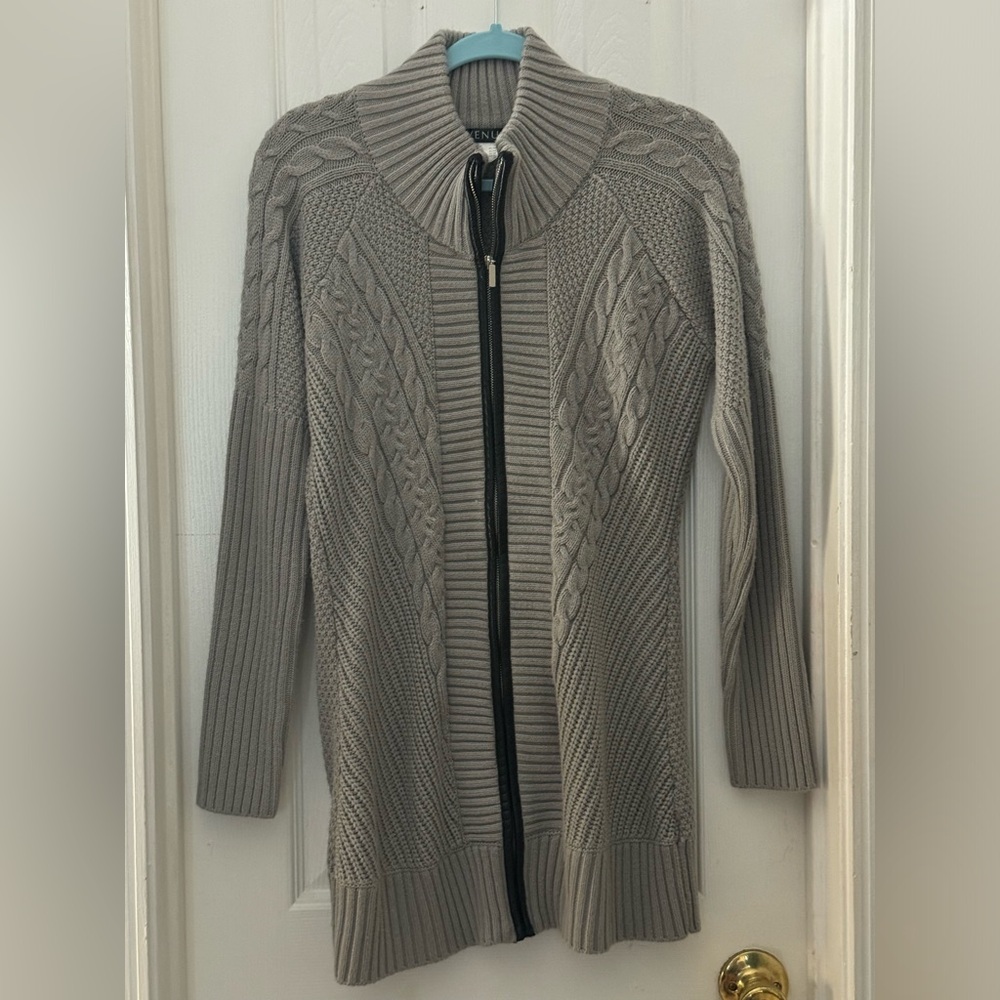 Venus Cardigan Cable Sweater with Zipper Piping. Grey Size Medium